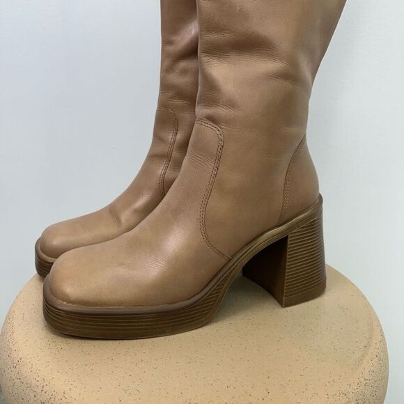 Steve Madden Fanatik Women’s Tan Leather Chunky Stacked Block Heel Below the Kne - Picture 5 of 14